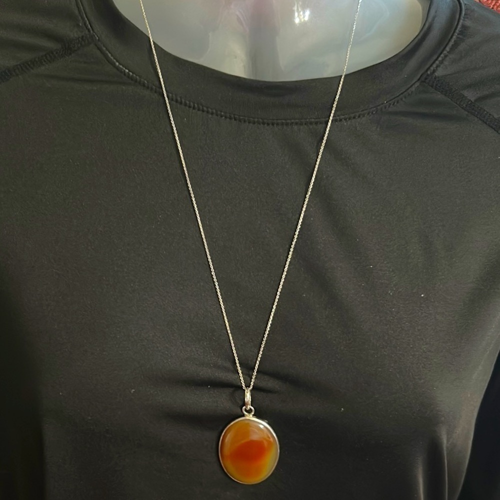 14K White Gold Chain Amber Agate Pendant Necklace 925 Silver - Picture 12 of 15